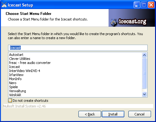 Screenshot of the fourth page of the Icecast installer