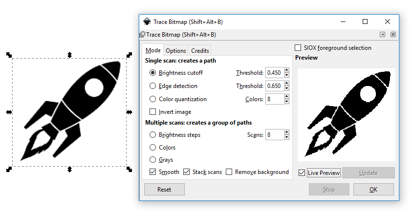 The Trace Bitmap dialog with live preview for black-and-white tracing.