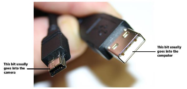 Image of two types of USB connectors. The larger connector goes into the computer and the smaller one goes into the camera.